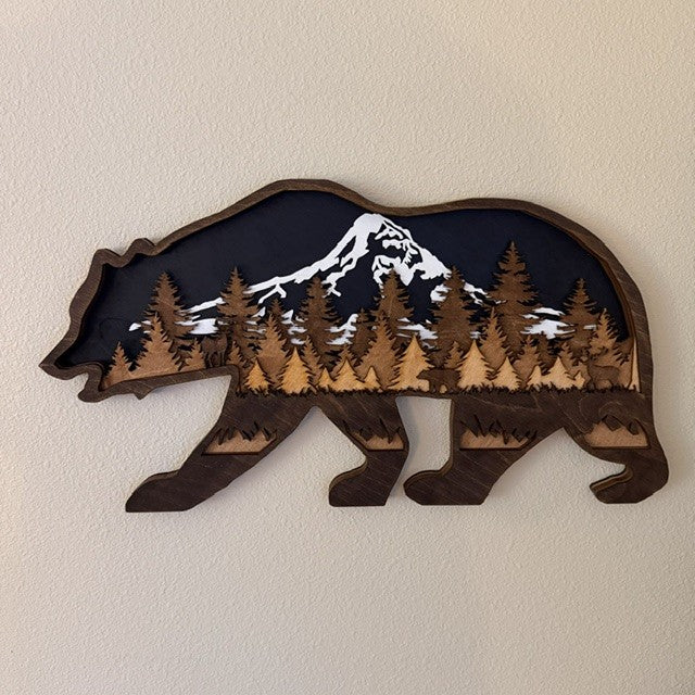 Custom 3D Layered Bear & Mountain Wood Wall Art | Personalized Cabin Decor
