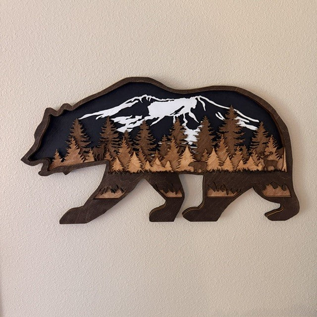 Custom 3D Layered Bear & Mountain Wood Wall Art | Personalized Cabin Decor